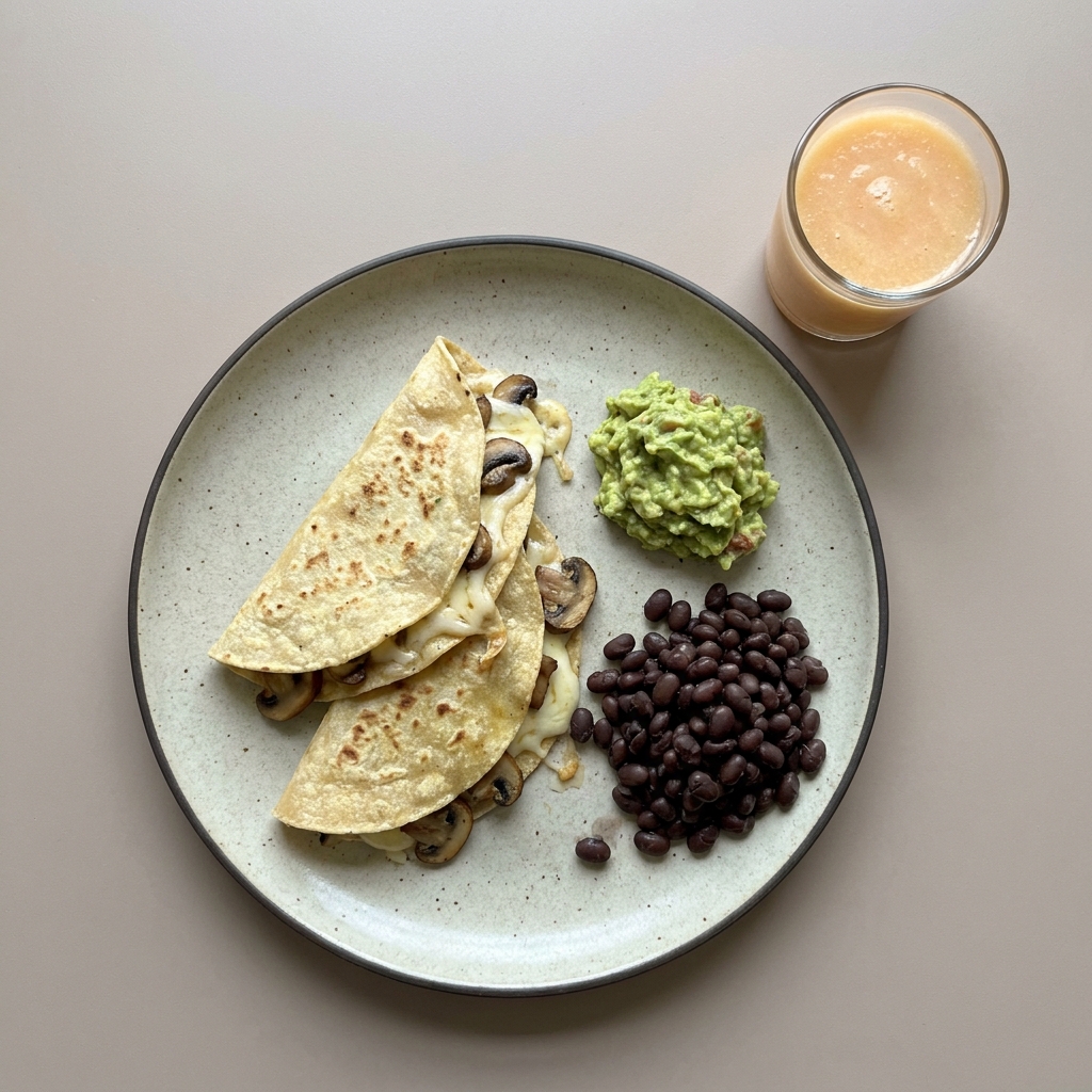 Quesadillas de champiñón con queso Oaxaca, frijoles, guacamole y licuado de melón