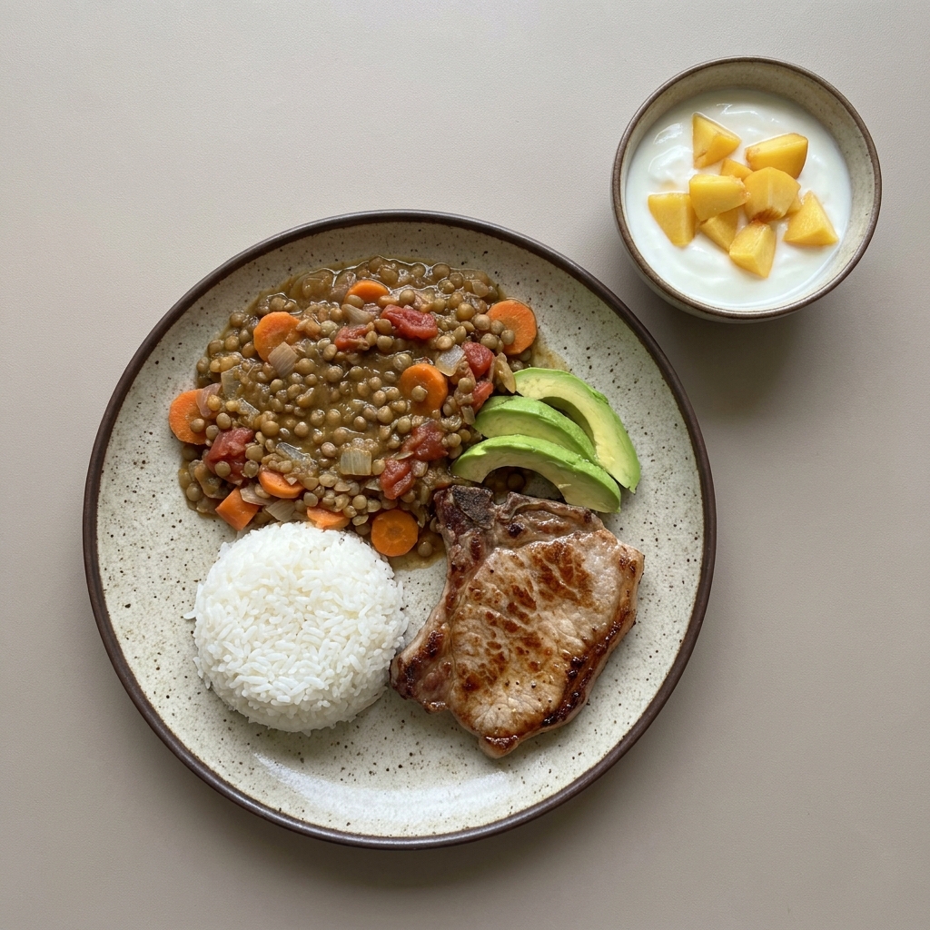 Lentejas guisadas con chuleta de cerdo, arroz y bowl de yogurt con durazno
