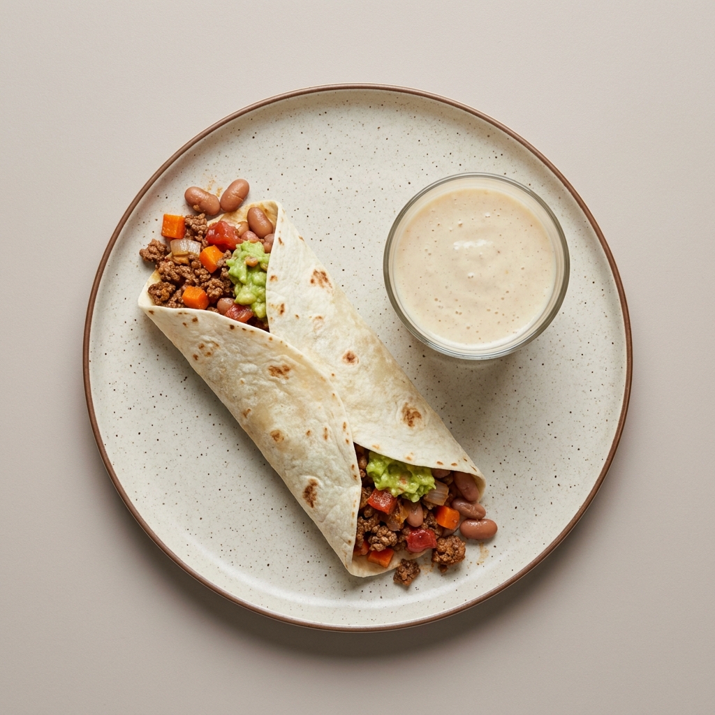 Burrito de picadillo de res con frijoles, verduras y licuado de platano