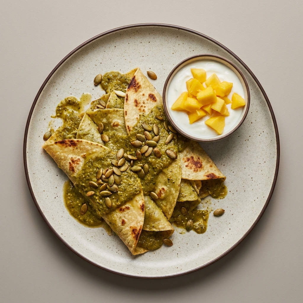 Enchiladas de pipián verde, con bowl de yogurt y mango