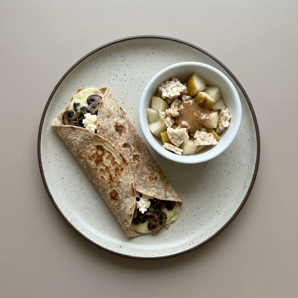 Wrap de champinon con queso oaxaca y requeson, y bowl de pera con tortitas de arroz inflado y crema de almendra