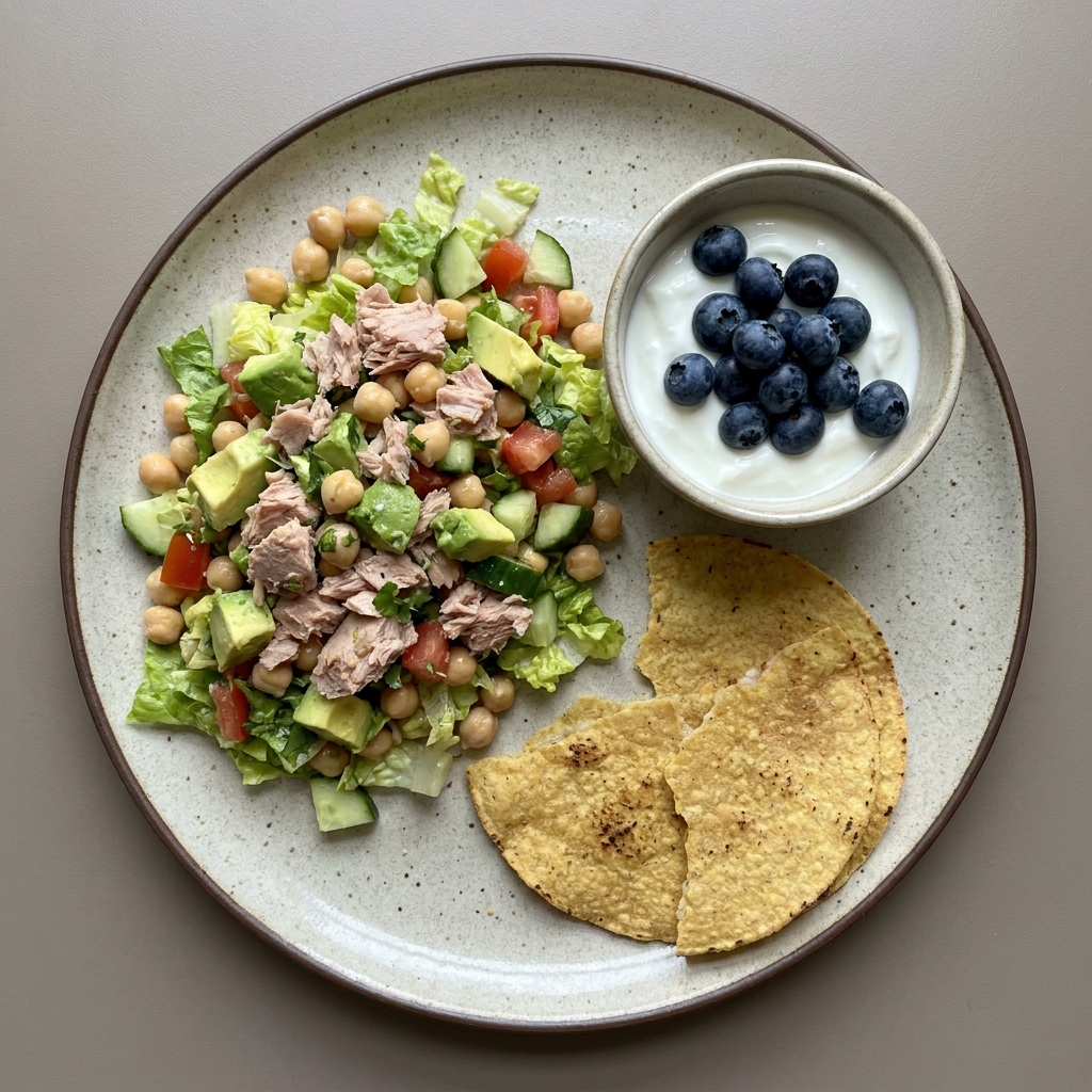 Ensalada de atun con garbanzo, aguacate y tostadas, con bowl de yogurt y arandanos