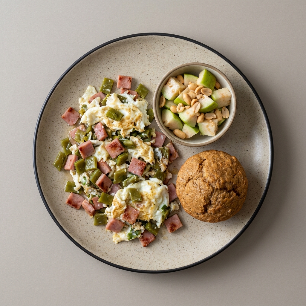 Claras con jamon y nopales, con muffin integral y bowl de guayaba con cacahuate