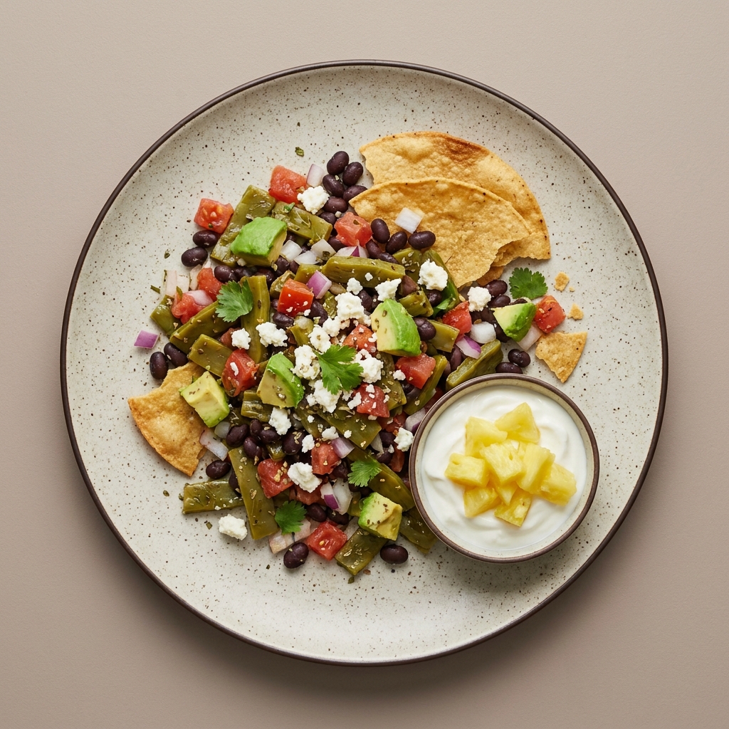 Ensalada de nopales con queso fresco, frijol, aguacate, tostadas y bowl de yogurt con pina