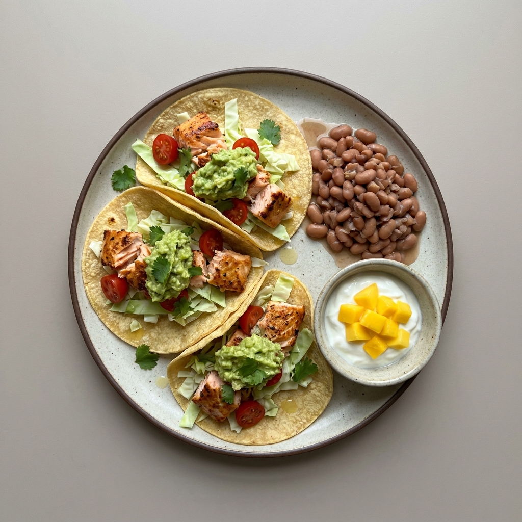 Tacos de pescado con guacamole, frijoles de la olla y bowl de yogurt con mango