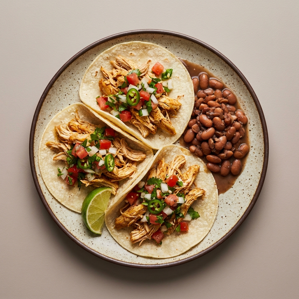 Tacos de pollo deshebrado con frijoles de la olla y agua de piña
