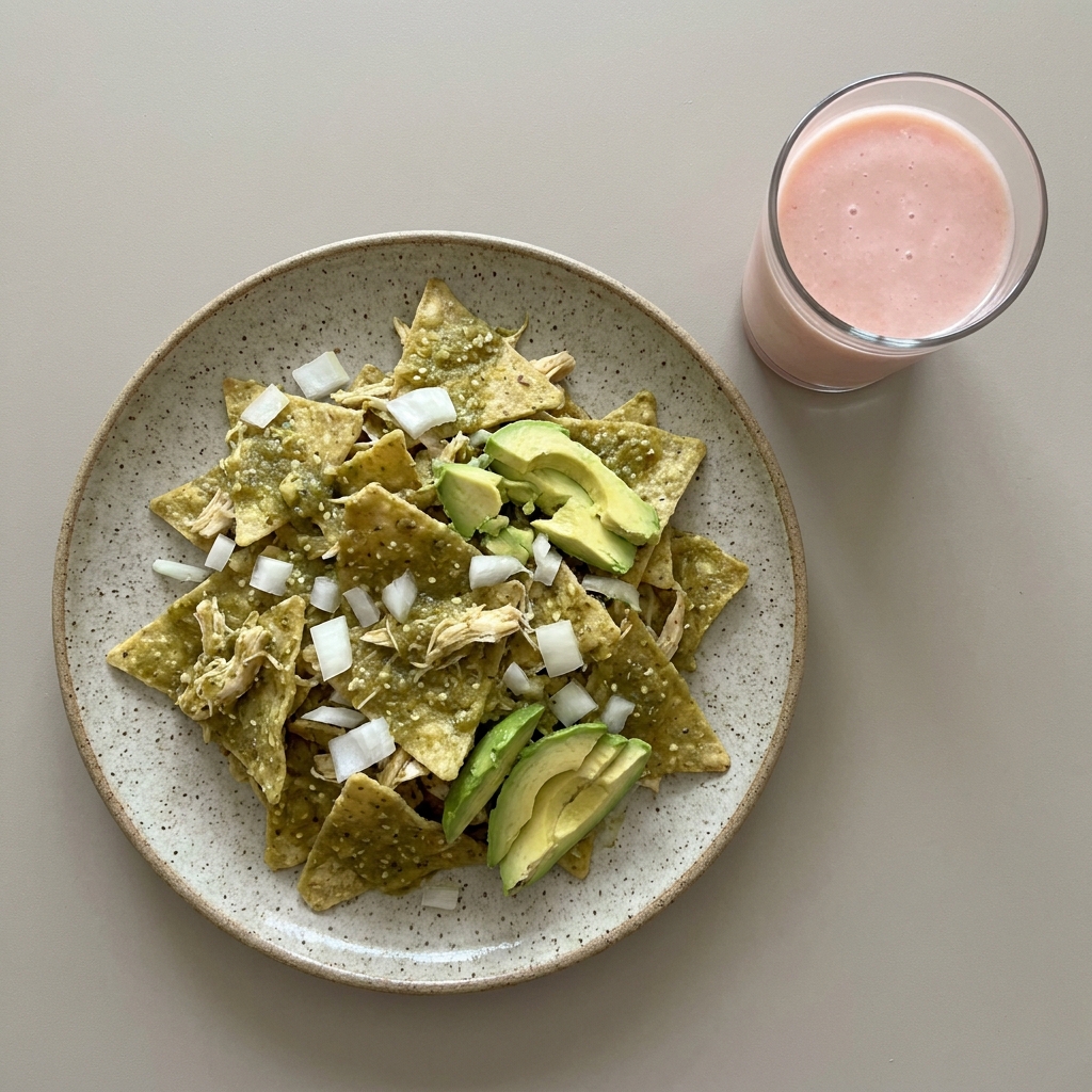 Chilaquiles verdes con pollo, aguacate y licuado de guayaba