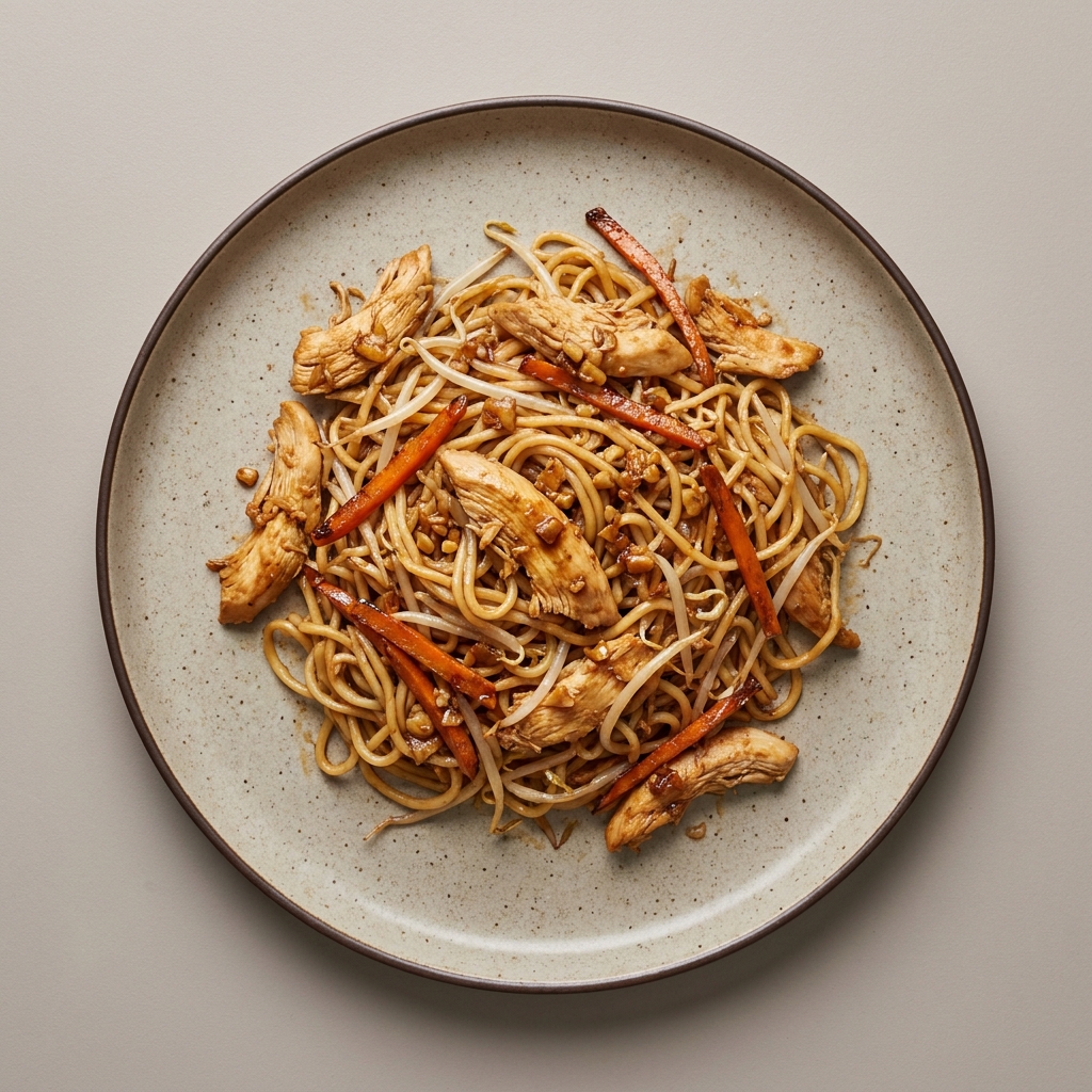 Salteado agridulce de pollo con fideo, germen de soya y zanahoria