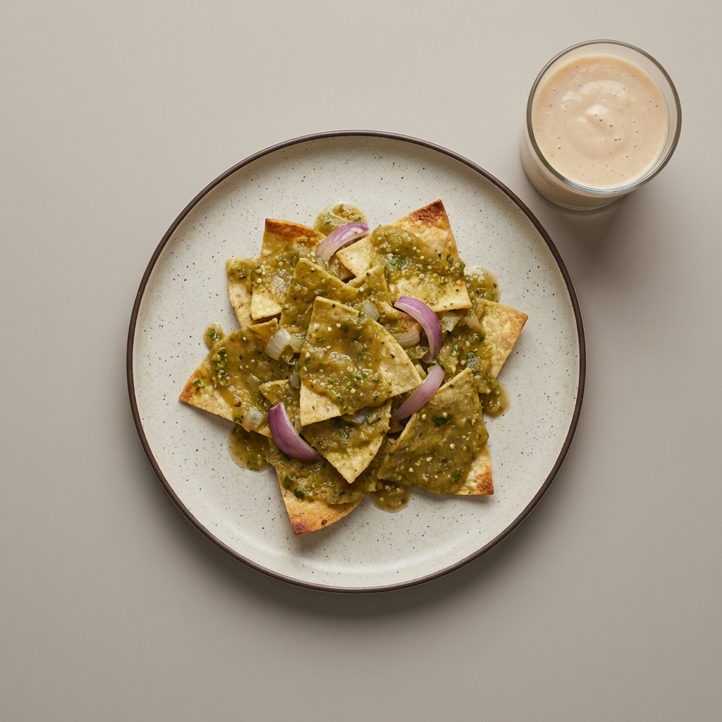 Chilaquiles verdes sin freír, con licuado de guayaba