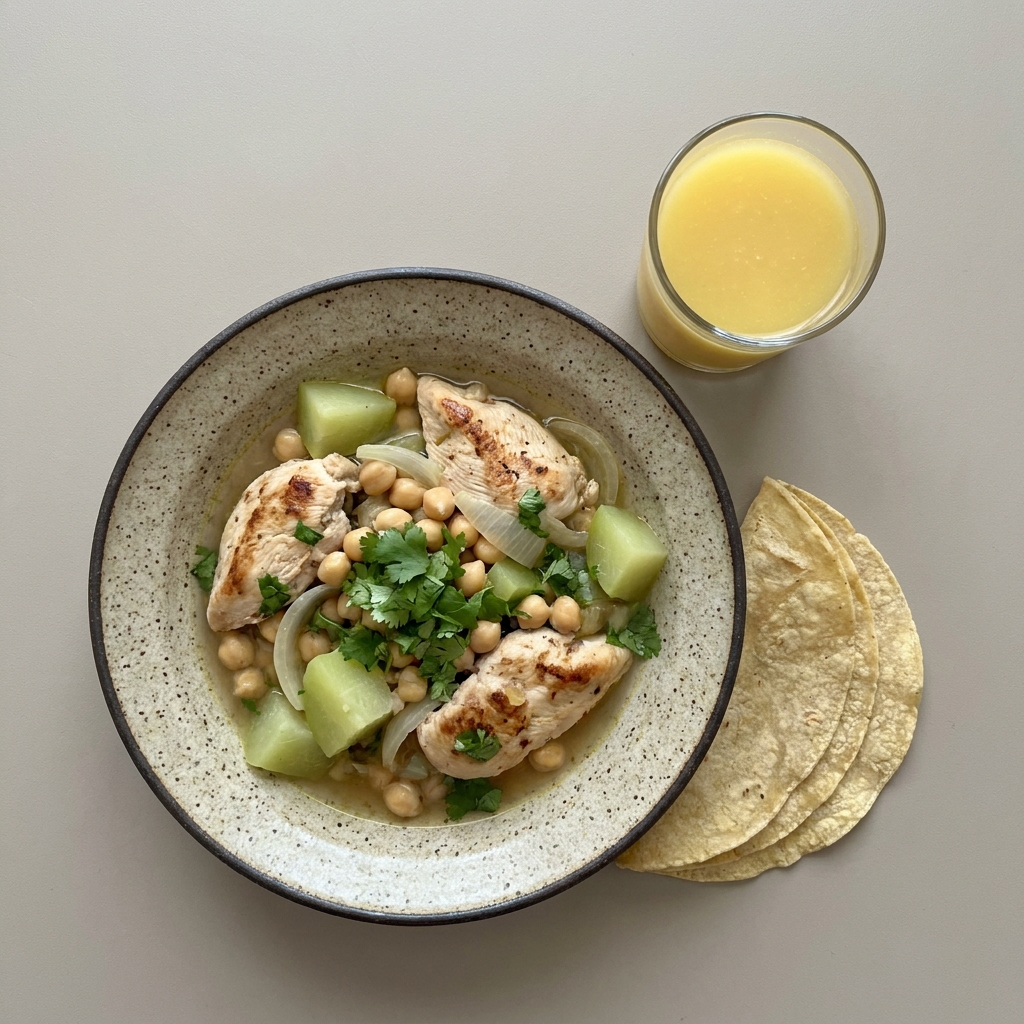 Caldo de pollo con garbanzo y verduras, agua de mango