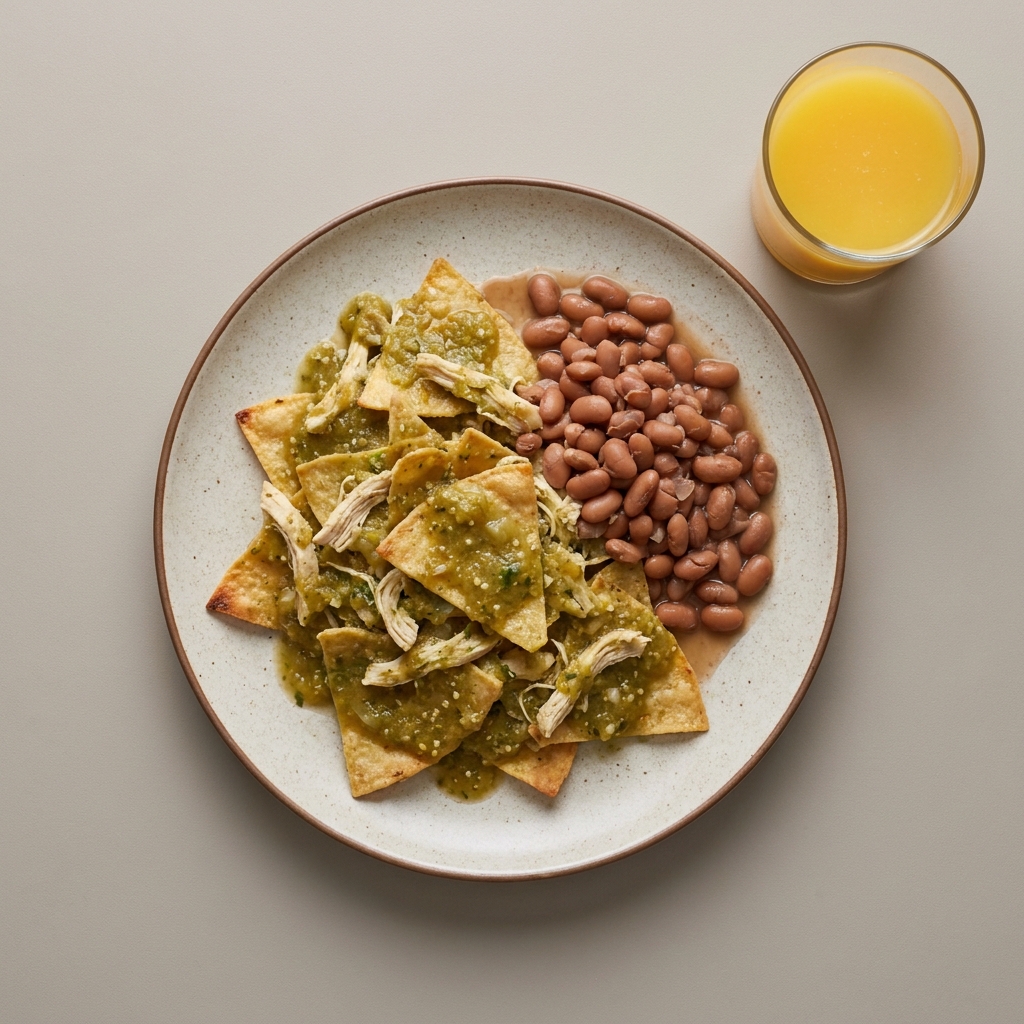 Chilaquiles verdes con pollo y frijoles de la olla, agua de naranja