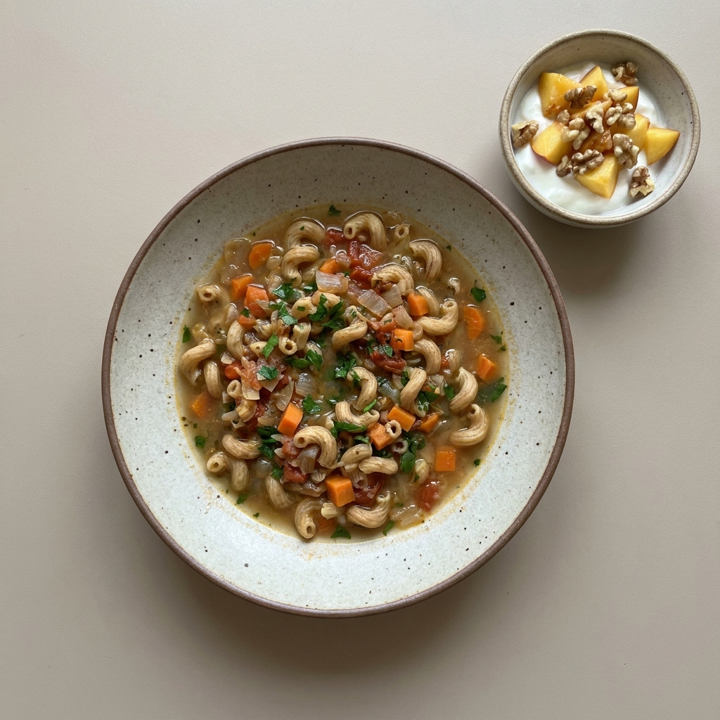Sopa de pasta con verduras, con bowl de yogurt, durazno y nuez