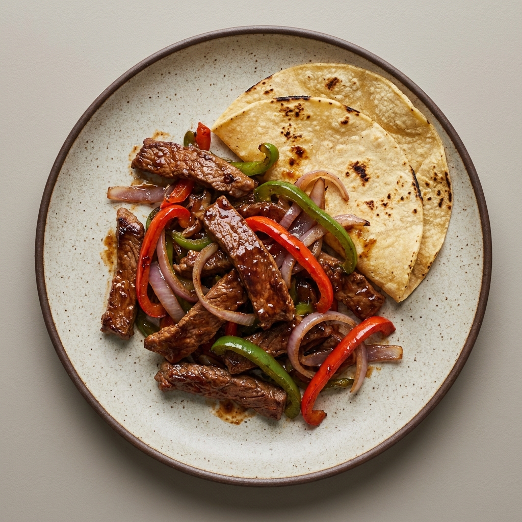 Arrachera en salsa agridulce con pimientos y tortillas