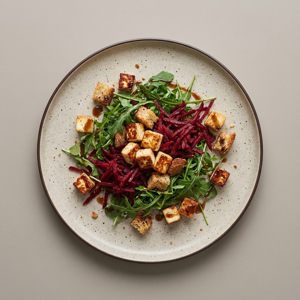Ensalada de betabel, panela y arúgula con vinagreta de miel