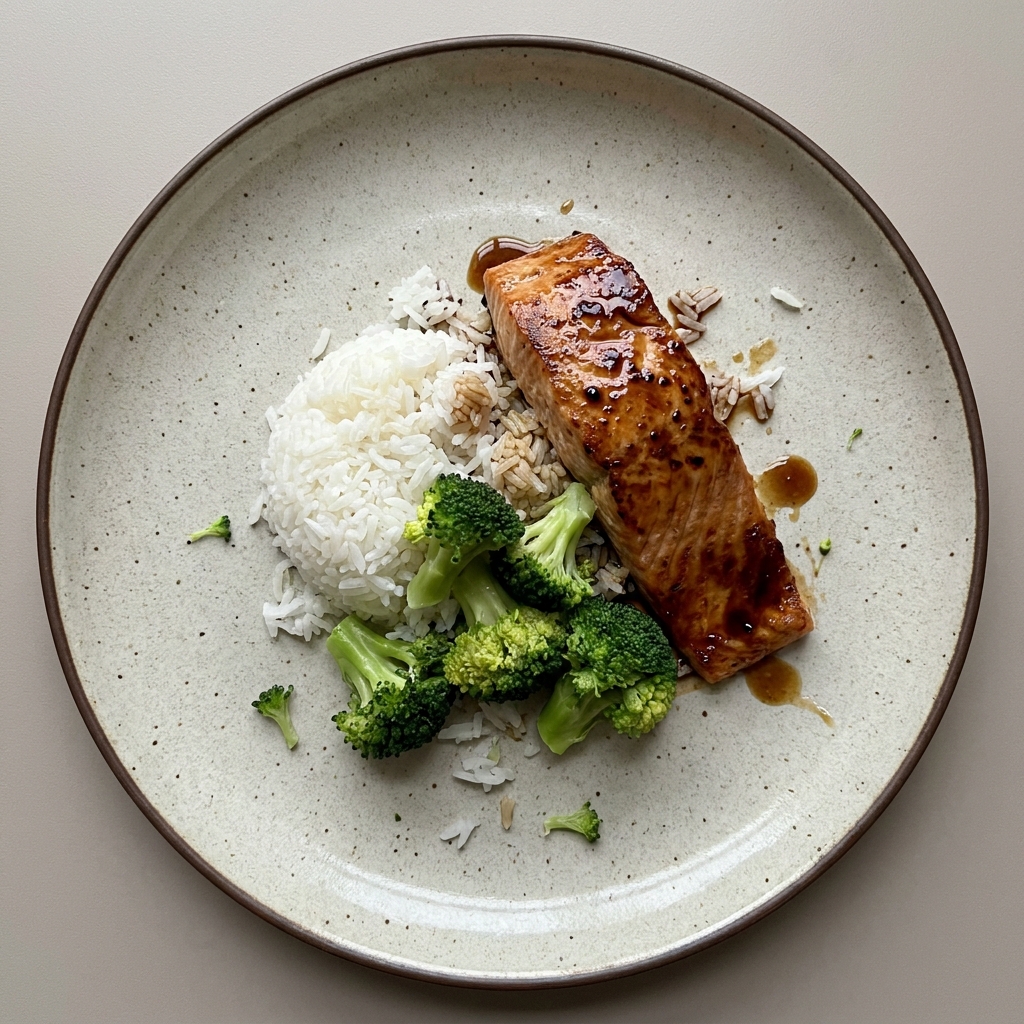 Salmón glaseado con miel, arroz y brócoli