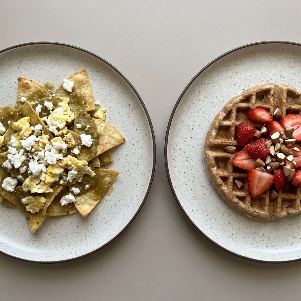 Chilaquiles verdes con clara de huevo y queso panela, y con wafle integral con fresa y almendra