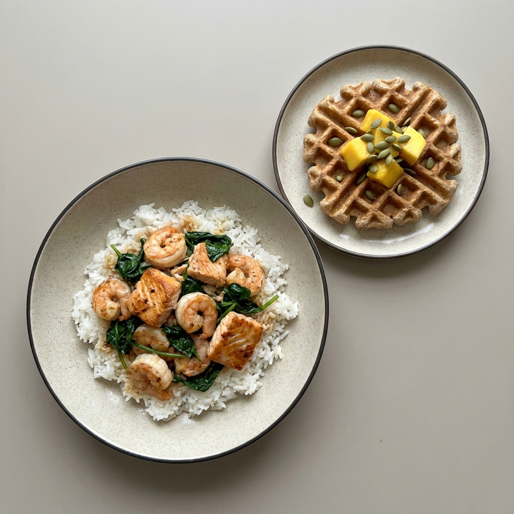 Bowl de arroz con salmón, camarón y espinaca, y como postre wafle integral con mango y pepita