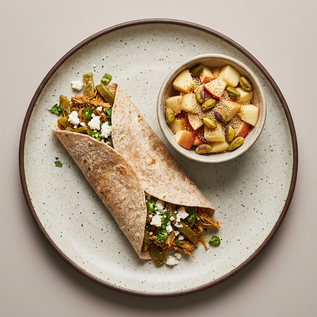 Burrito de machaca con queso fresco y nopales, y bowl de manzana con amaranto y pistache