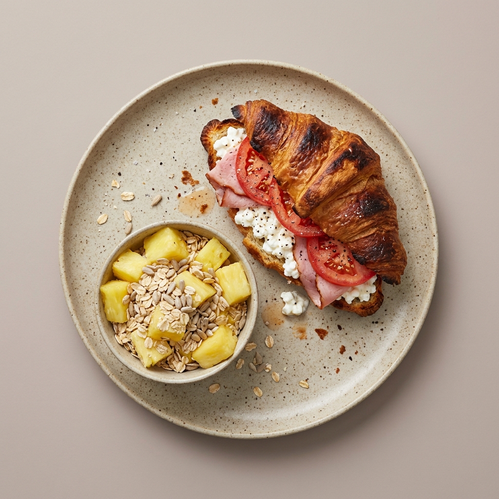 Croissant relleno de jamon, queso cottage y jitomate, con bowl de piña, avena y semilla de girasol