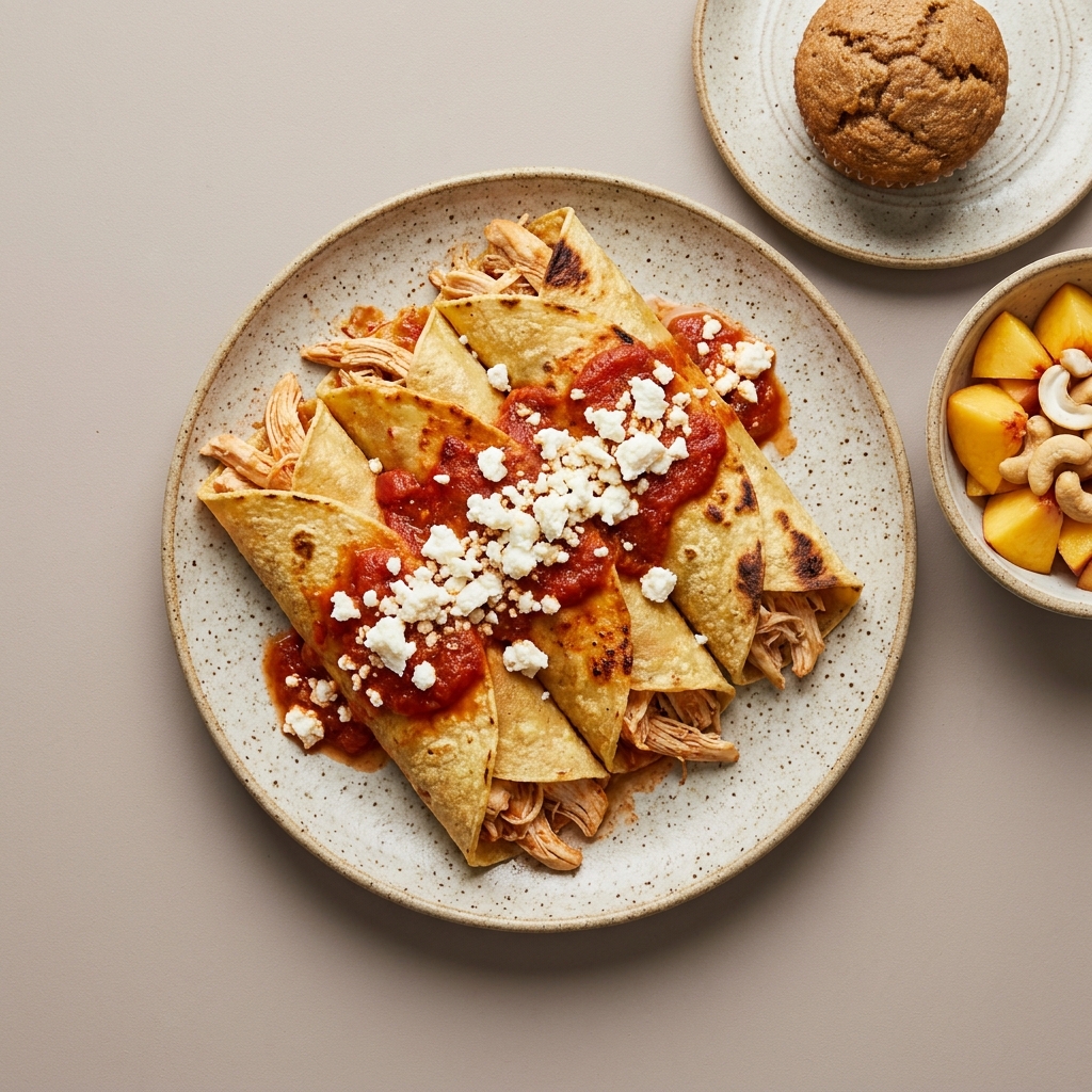 Enchiladas rojas de pollo con queso panela, como poste muffin integral y un bowl de durazno y nuez de la india