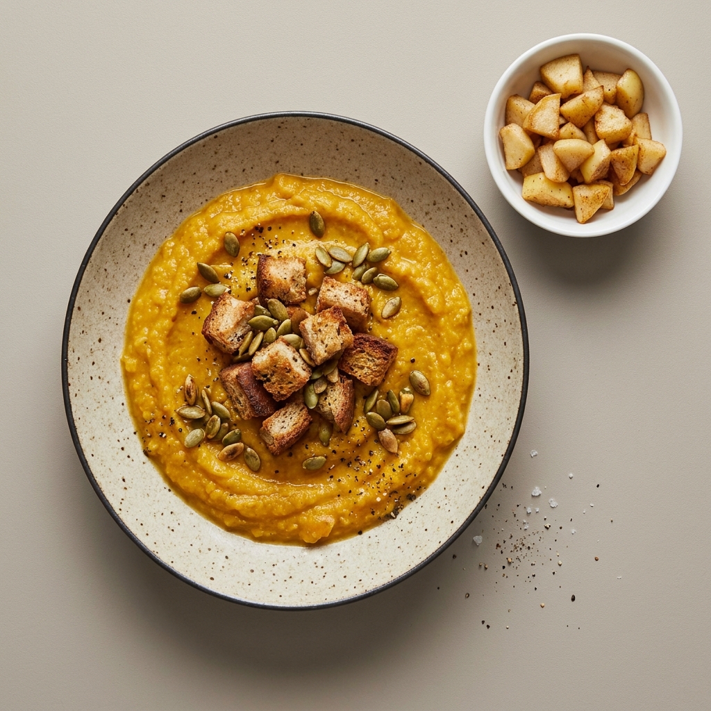 Crema de calabaza, con croutones y pepitas, acompañado de manzana