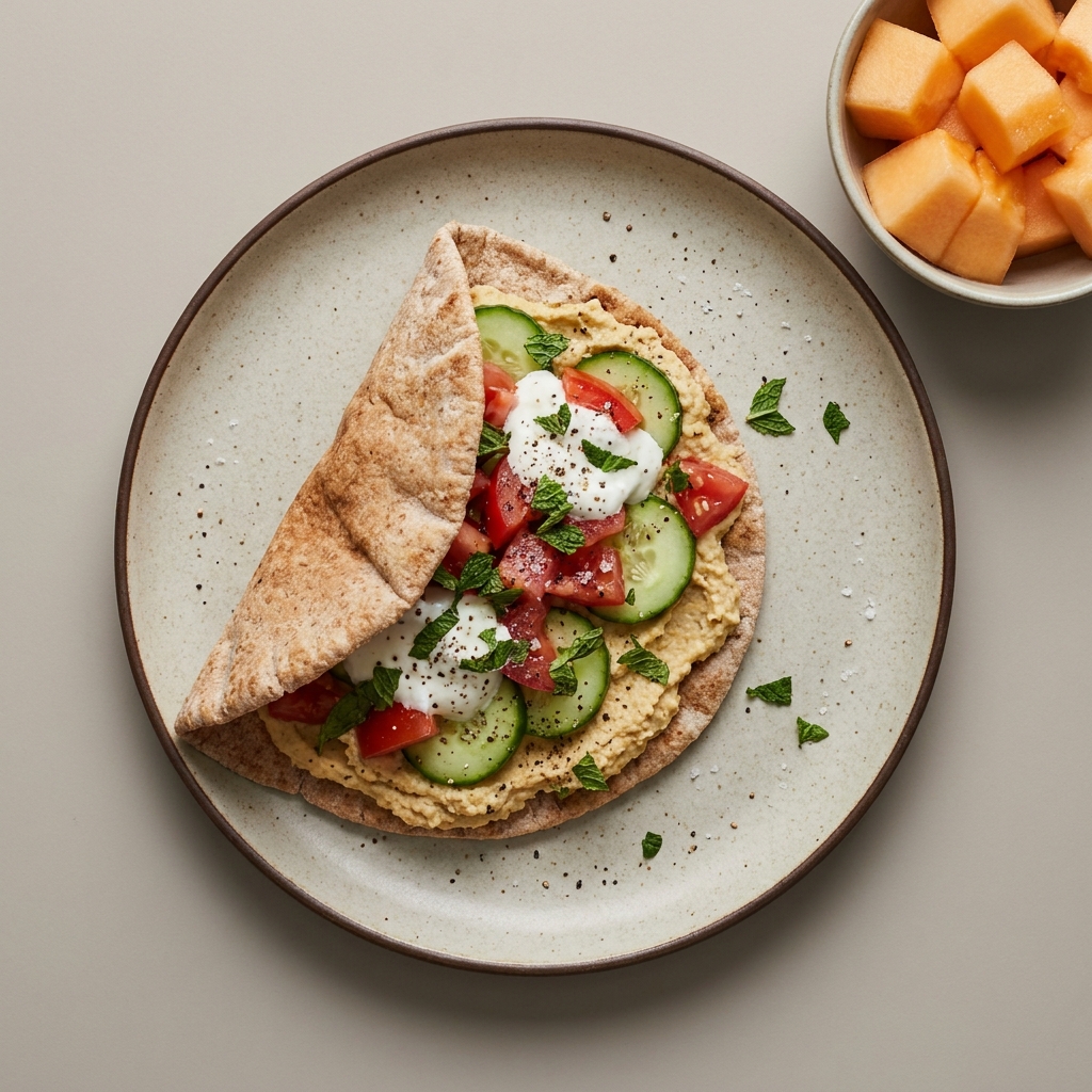 Pan árabe con hummus, verduras y jocoque, con bowl de melón