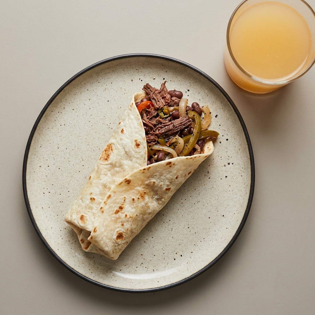 Burrito de machaca con frijoles y rajas, agua de mandarina