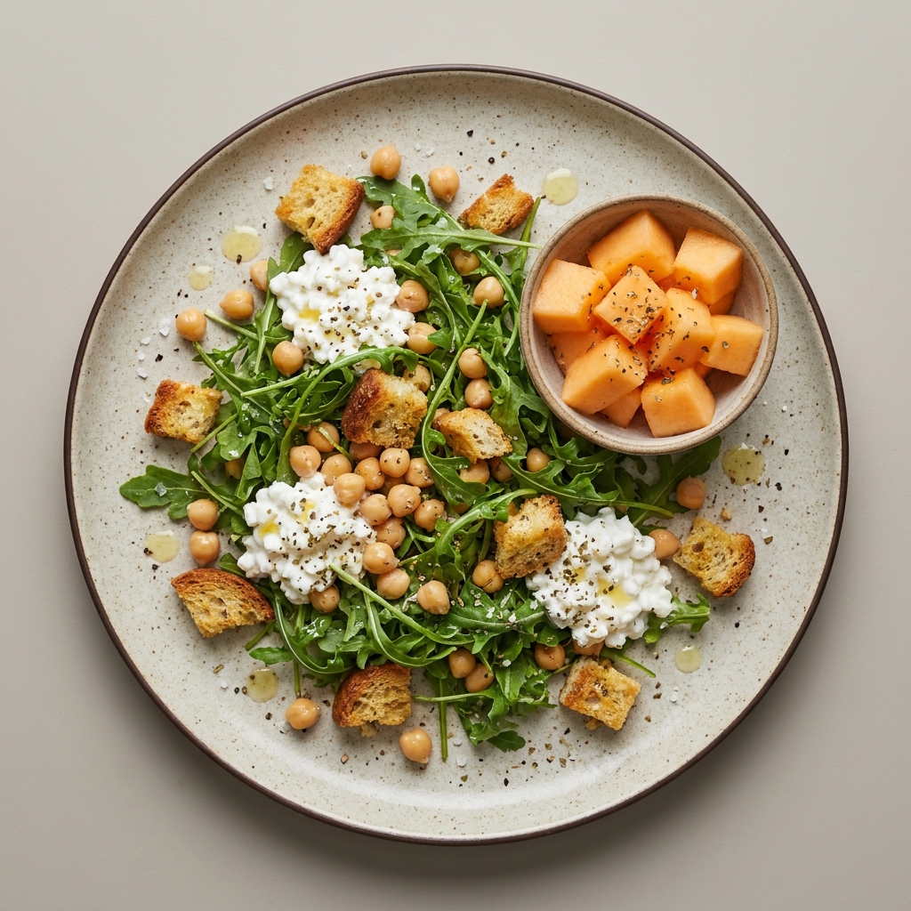 Ensalada de verduras con queso cottage, garbanzos y crotones, con bowl de melón
