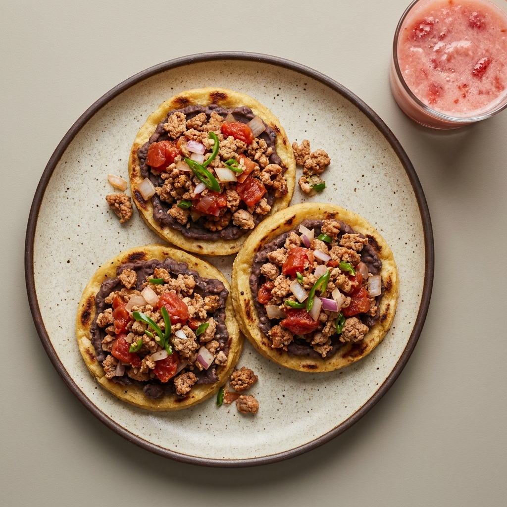 Sopes de picadillo de pavo con frijoles, agua de fresa