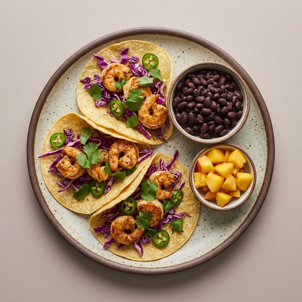 Tacos de camarón a la plancha con frijoles y col, con bowl de durazno
