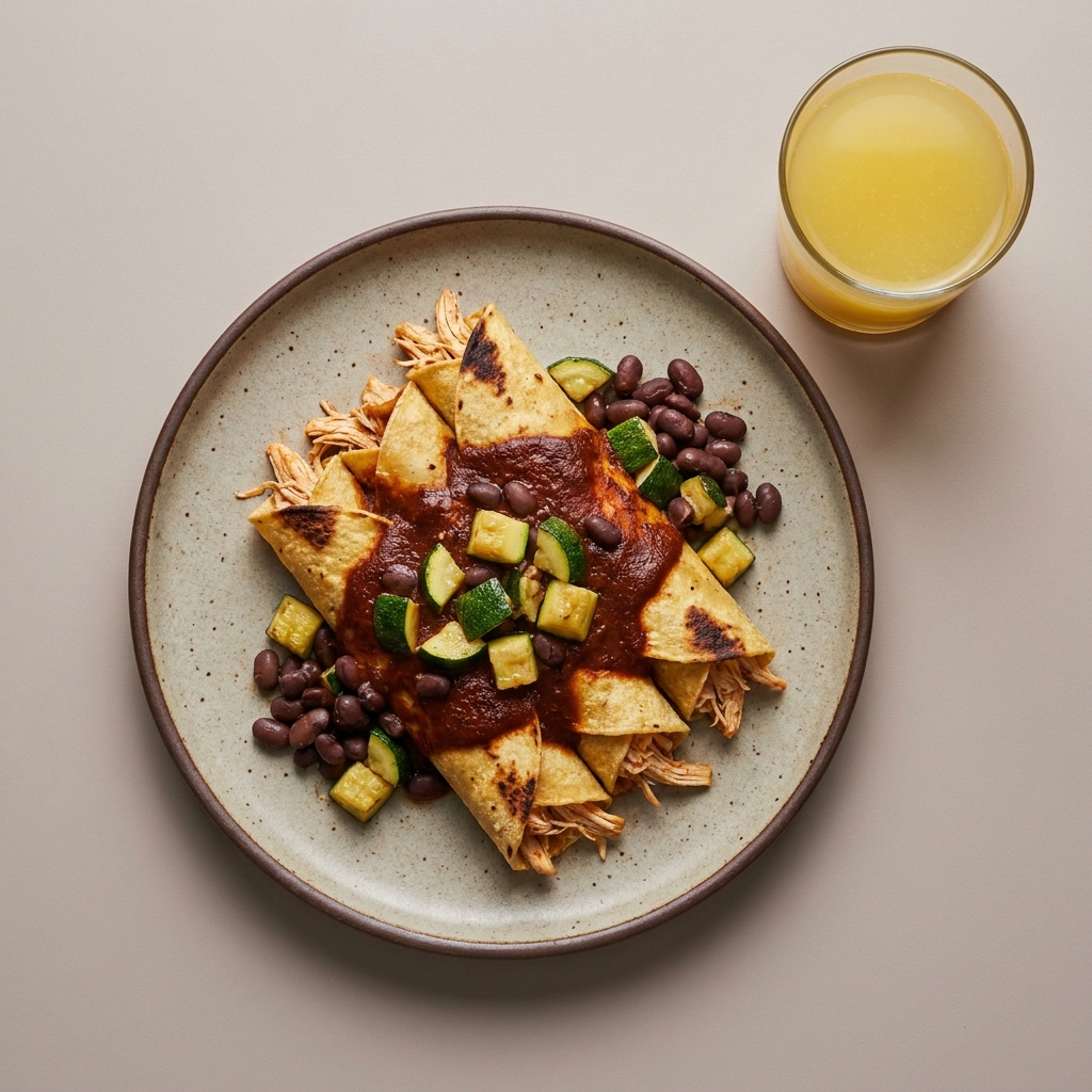 Enchiladas rojas de pollo con calabacitas y frijoles de la olla, agua de mango