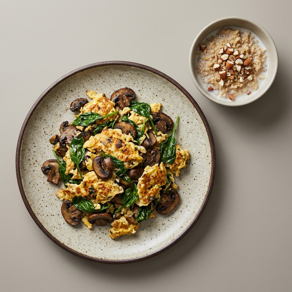 Huevos revueltos con champiñones y espinaca,con bowl de amaranto y almendra