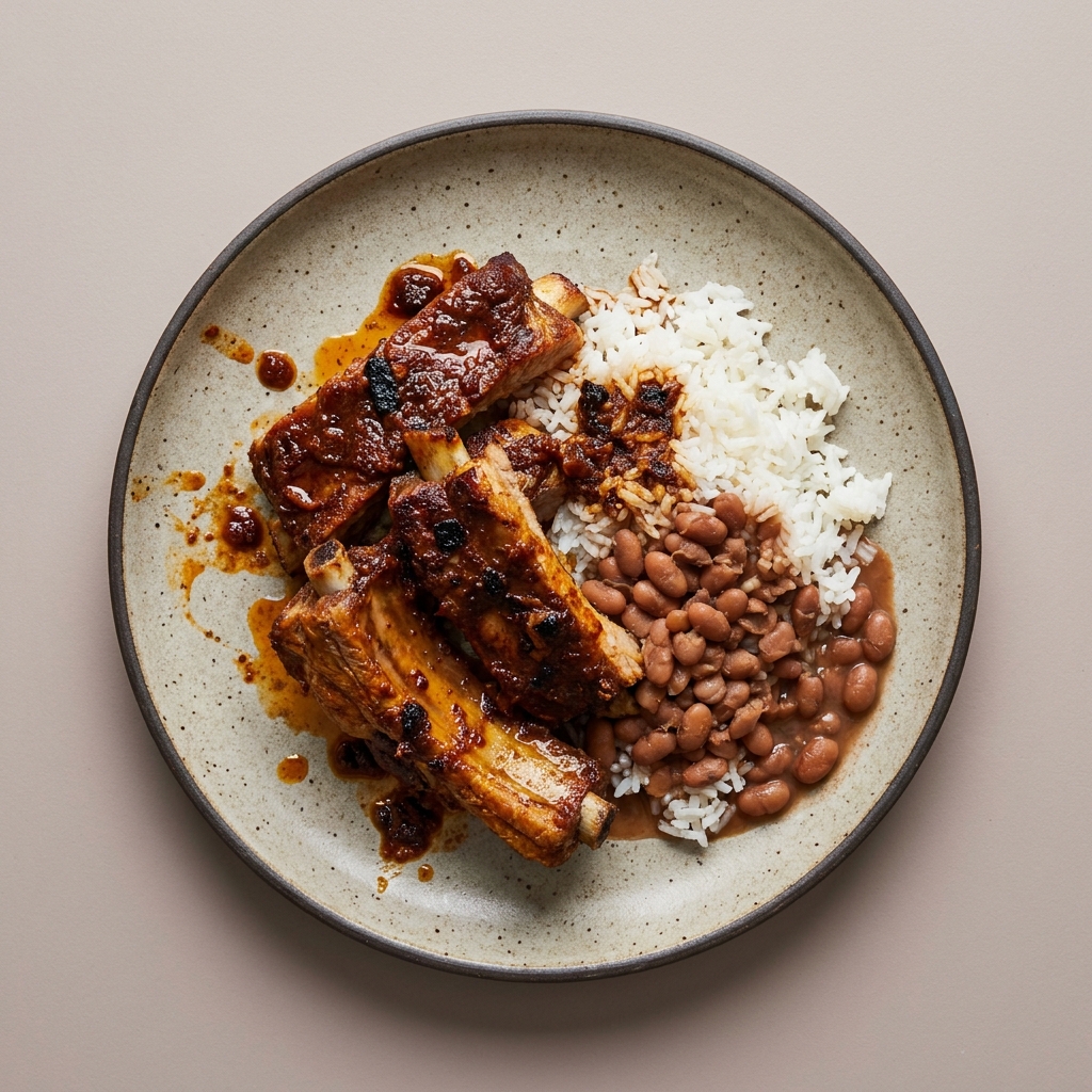 Costillas de cerdo en adobo con arroz y frijoles
