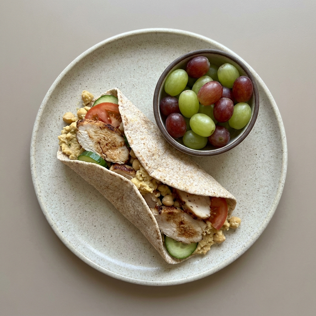 Pan árabe de pavo con garbanzos, pepino y jitomate, con bowl de uvas