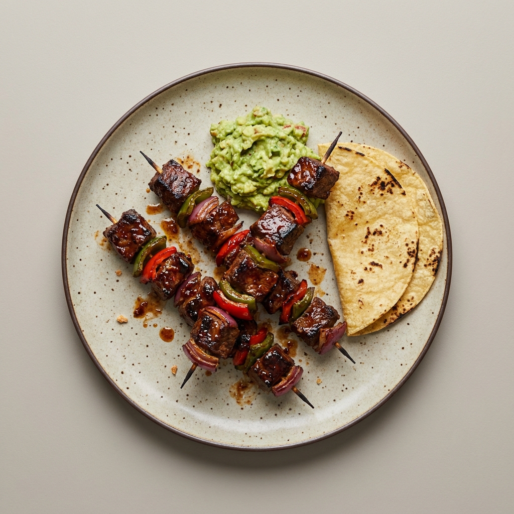 Brochetas de res a la miel y chipotle con pimientos y tortillas