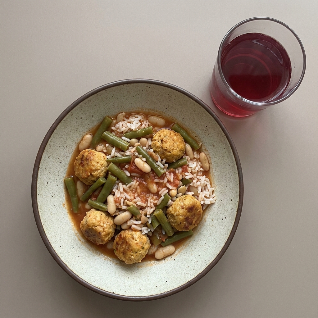 Albóndigas de pescado en caldillo de jitomate con ejotes, alubias y arroz, con agua de tuna