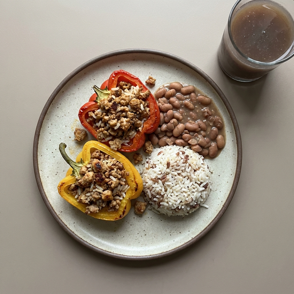 Pimientos rellenos de picadillo de pavo con arroz y frijoles de la olla,con agua de higo