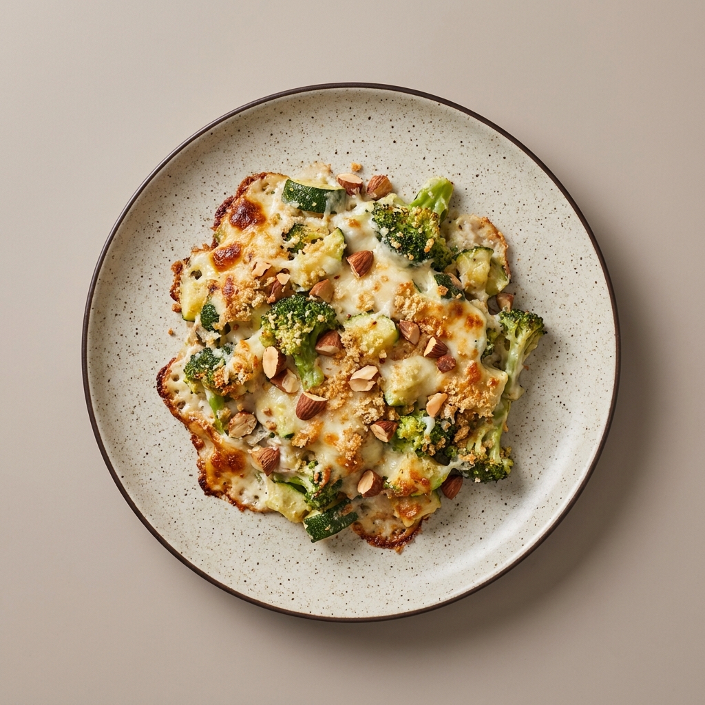 Verduras gratinadas con salsa blanca, mozzarella y almendras