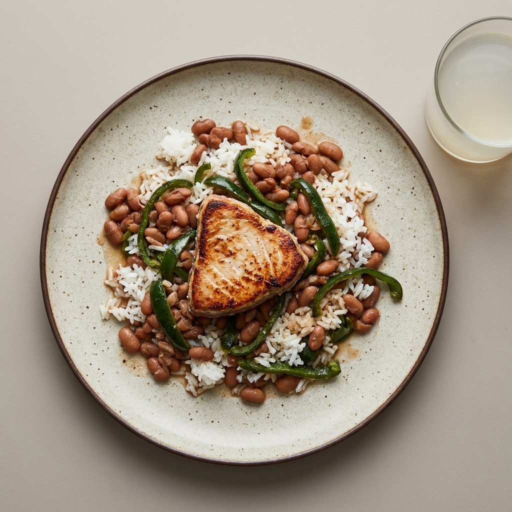 Medallón de atún a la plancha con arroz, frijoles y rajas de poblano,con agua de nectarina