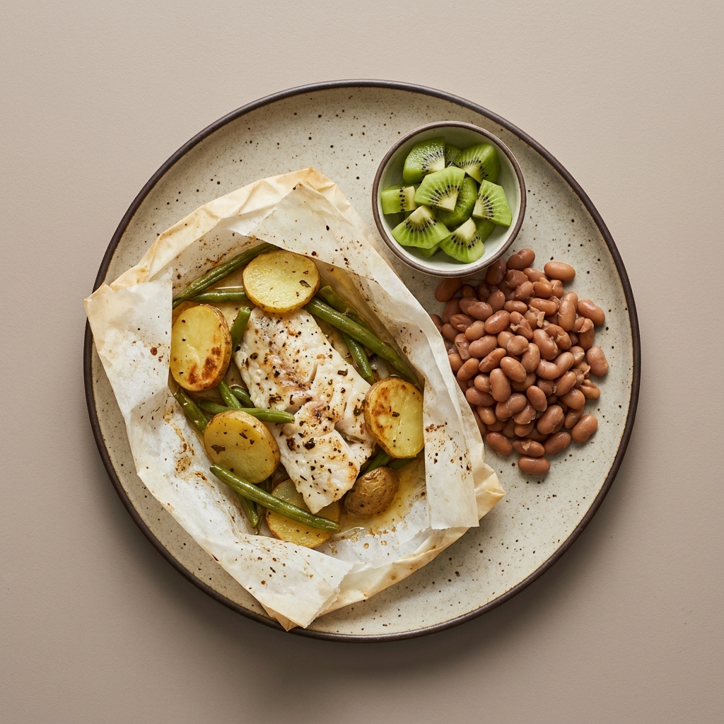 Pescado empapelado con papas y ejotes, frijoles de la olla y bowl de kiwi