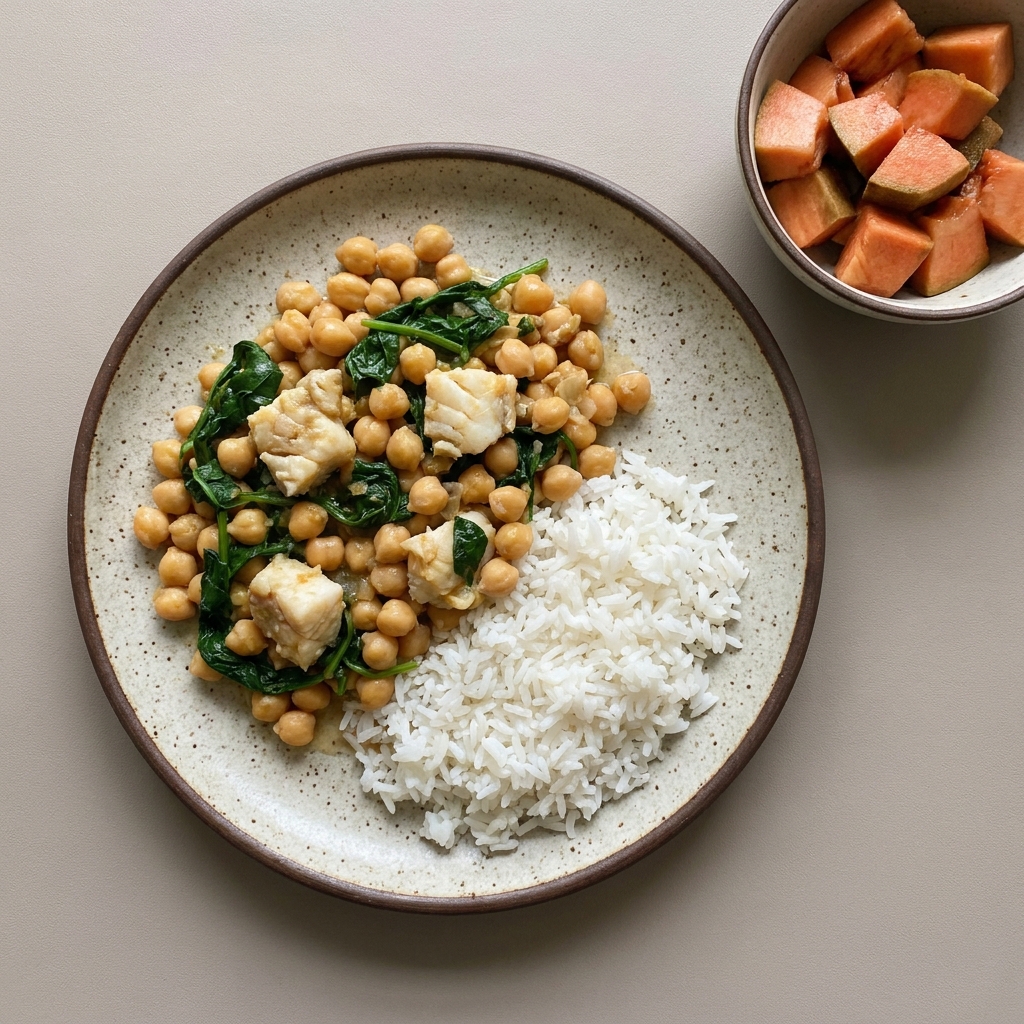 Potaje de garbanzo con espinaca y pescado blanco con arroz y bowl de mamey