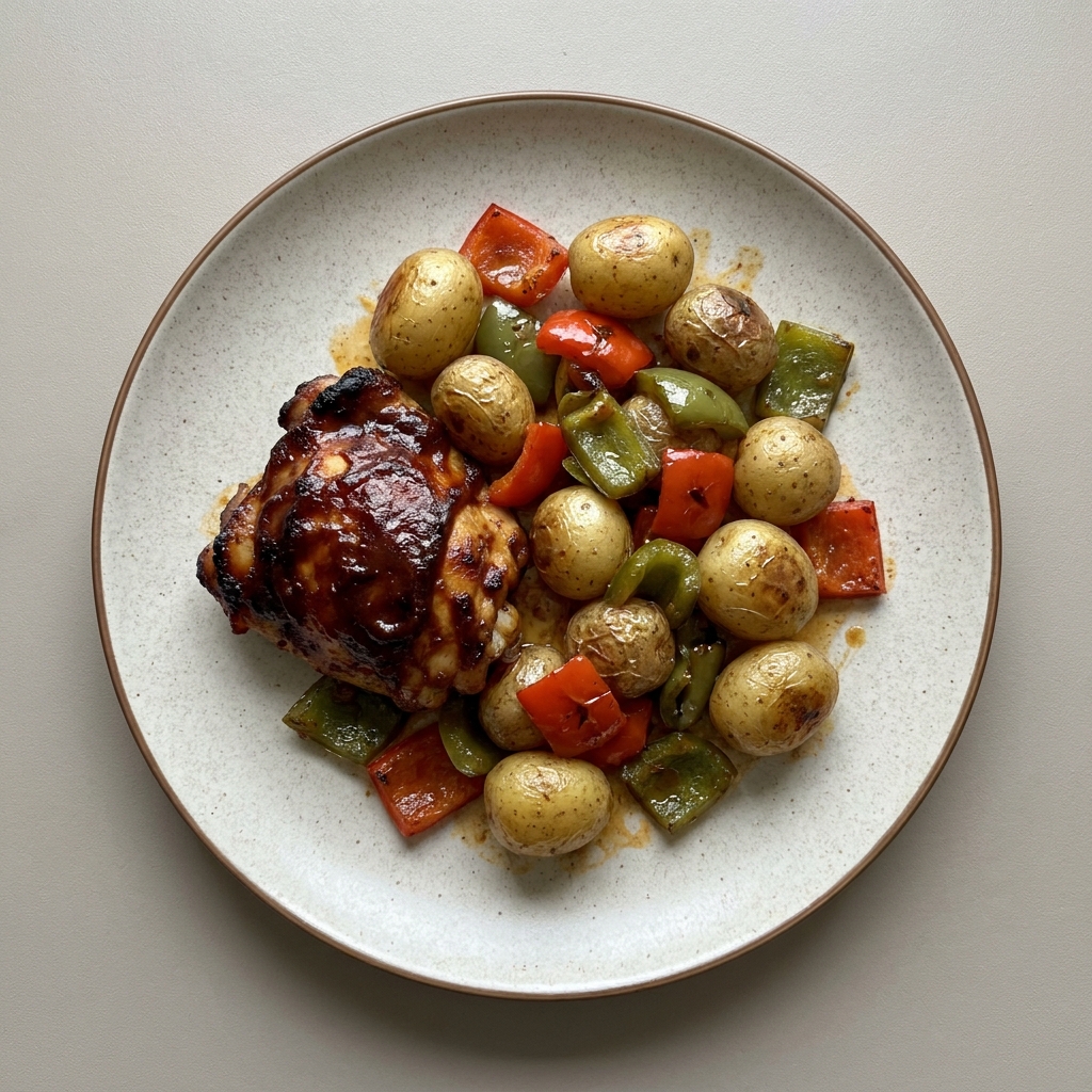 Pollo horneado en salsa BBQ con papa cambray y pimientos