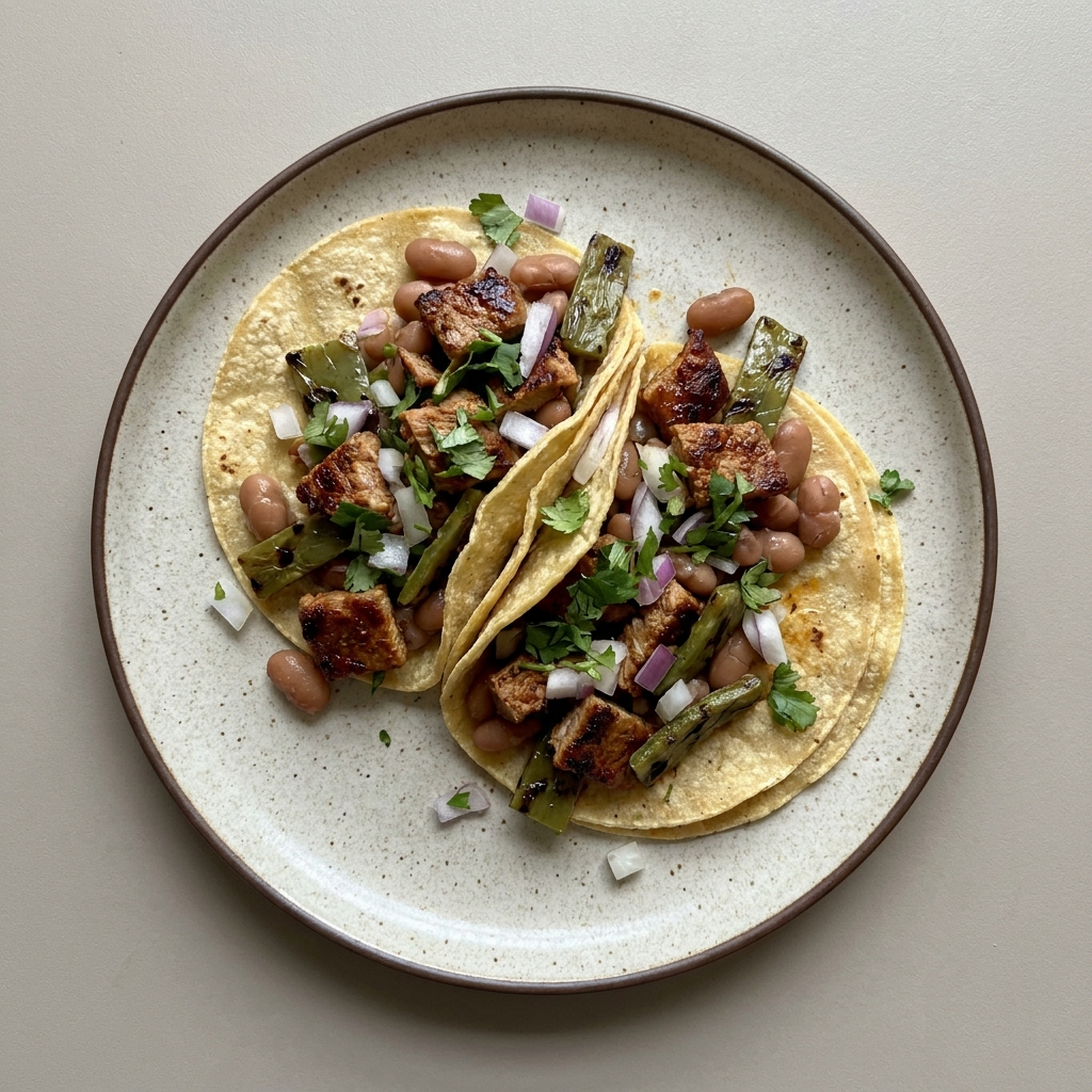 Tacos de bistec adobado al pastor con nopales y frijoles