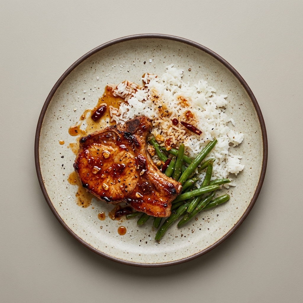 Chuleta de cerdo glaseada con mermelada y chile de árbol, con arroz y ejotes