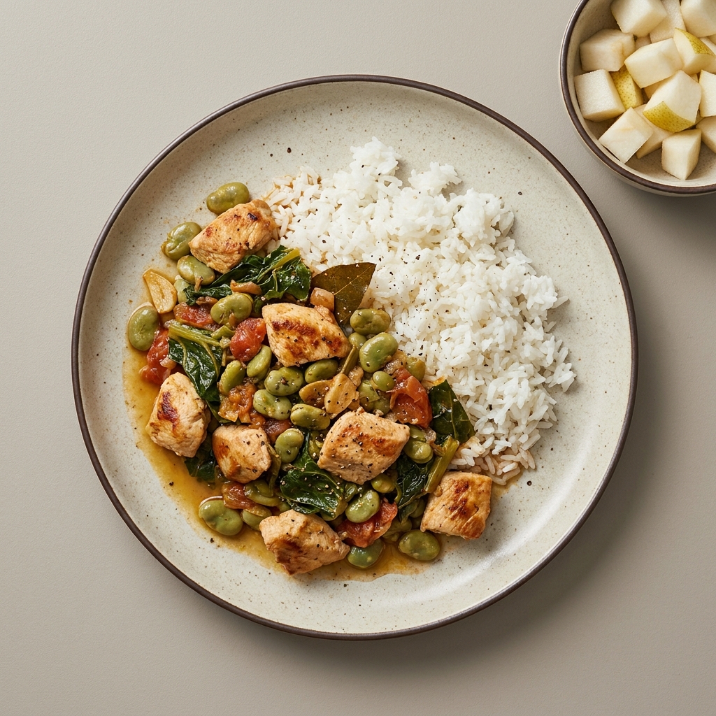 Habas guisadas con acelga, pollo, arroz y bowl de pera