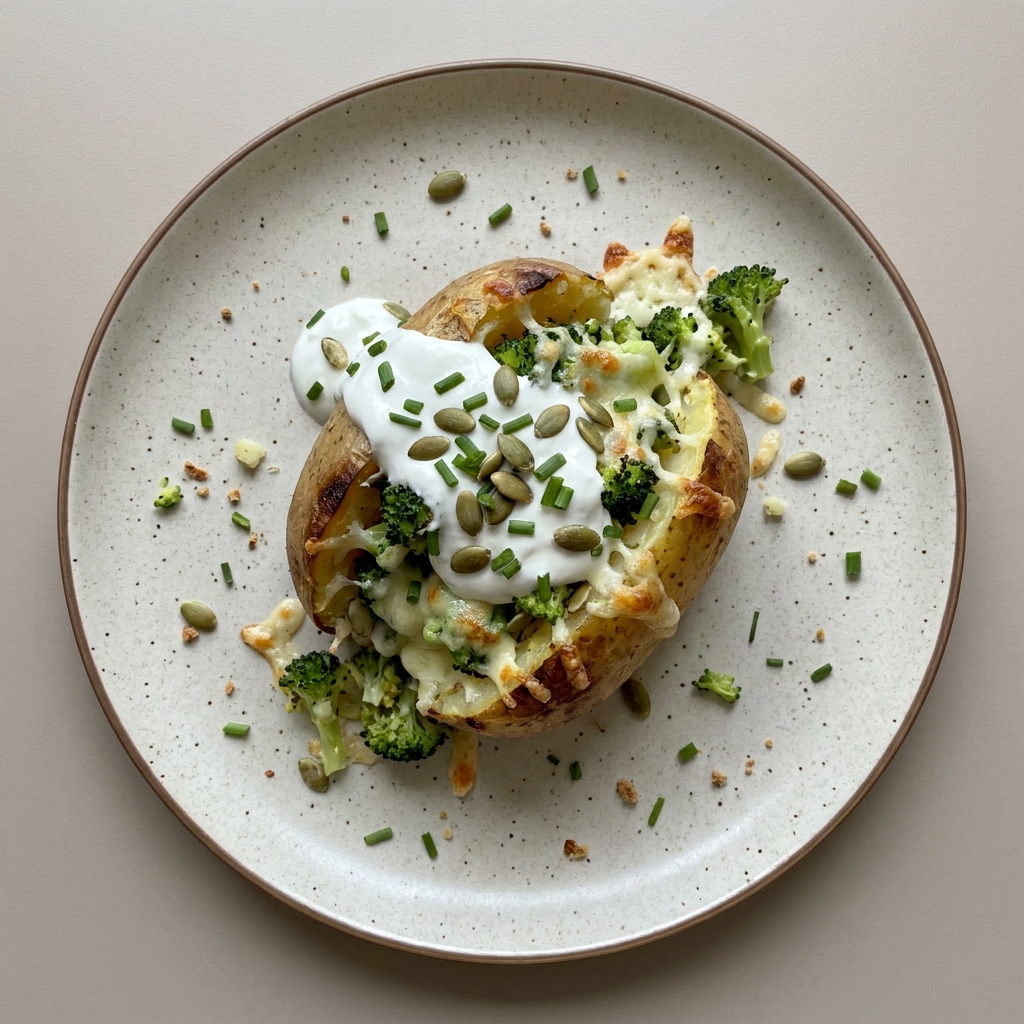 Papa al horno rellena de brócoli con queso, crema de yogurt y semillas