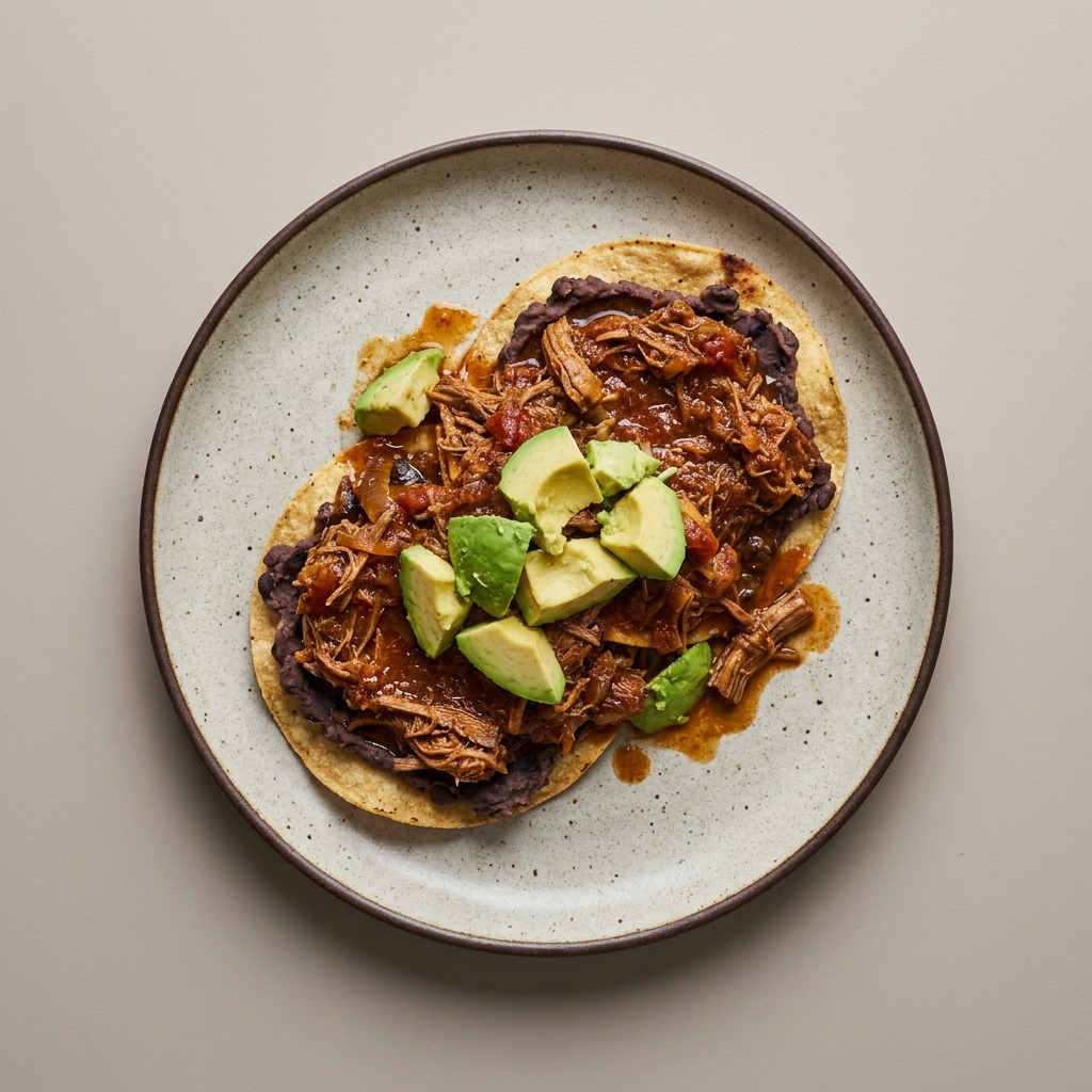 Tostadas de tinga de res agridulce con frijoles y aguacate