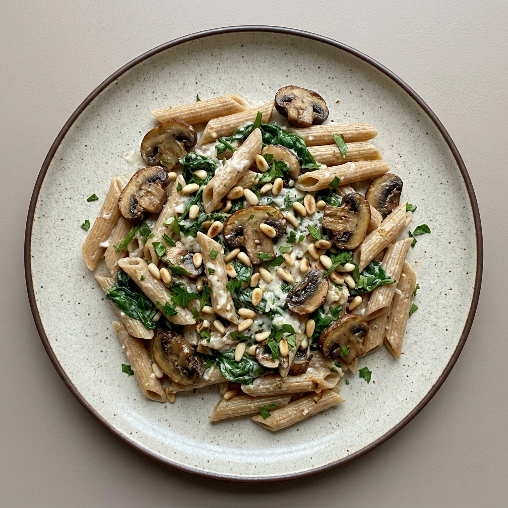 Pasta integral con champiñones en salsa blanca, parmesano y piñones