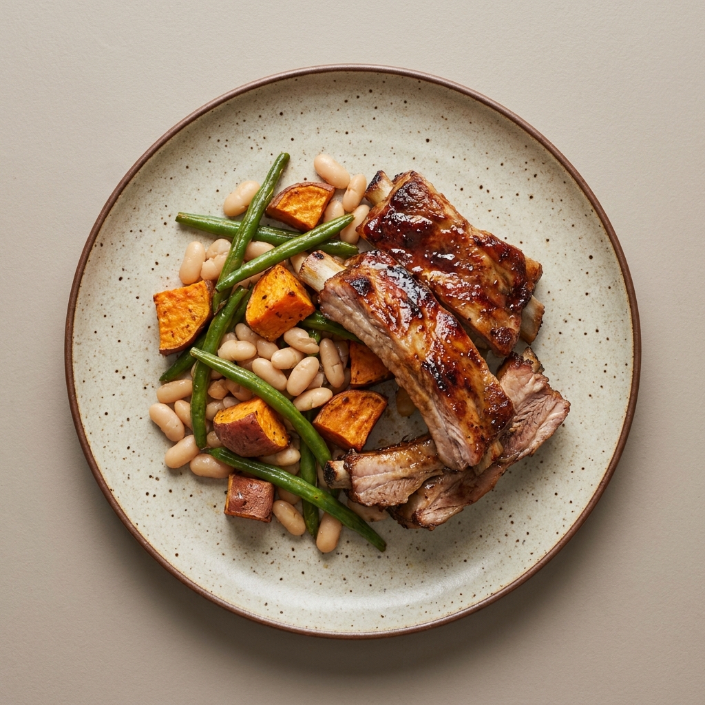 Costillas de cerdo glaseadas con miel de maple, camote, alubias y ejotes