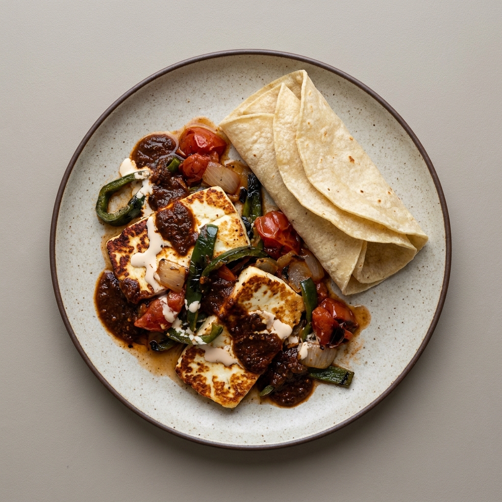 Queso panela en salsa de morita con rajas y tortillas